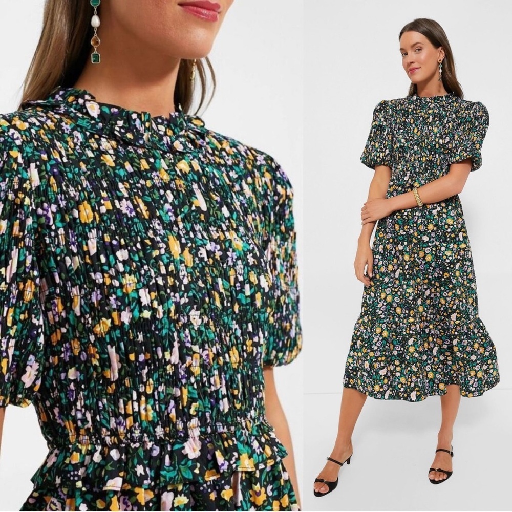Floral Smocked Midi Dress - Black Multi